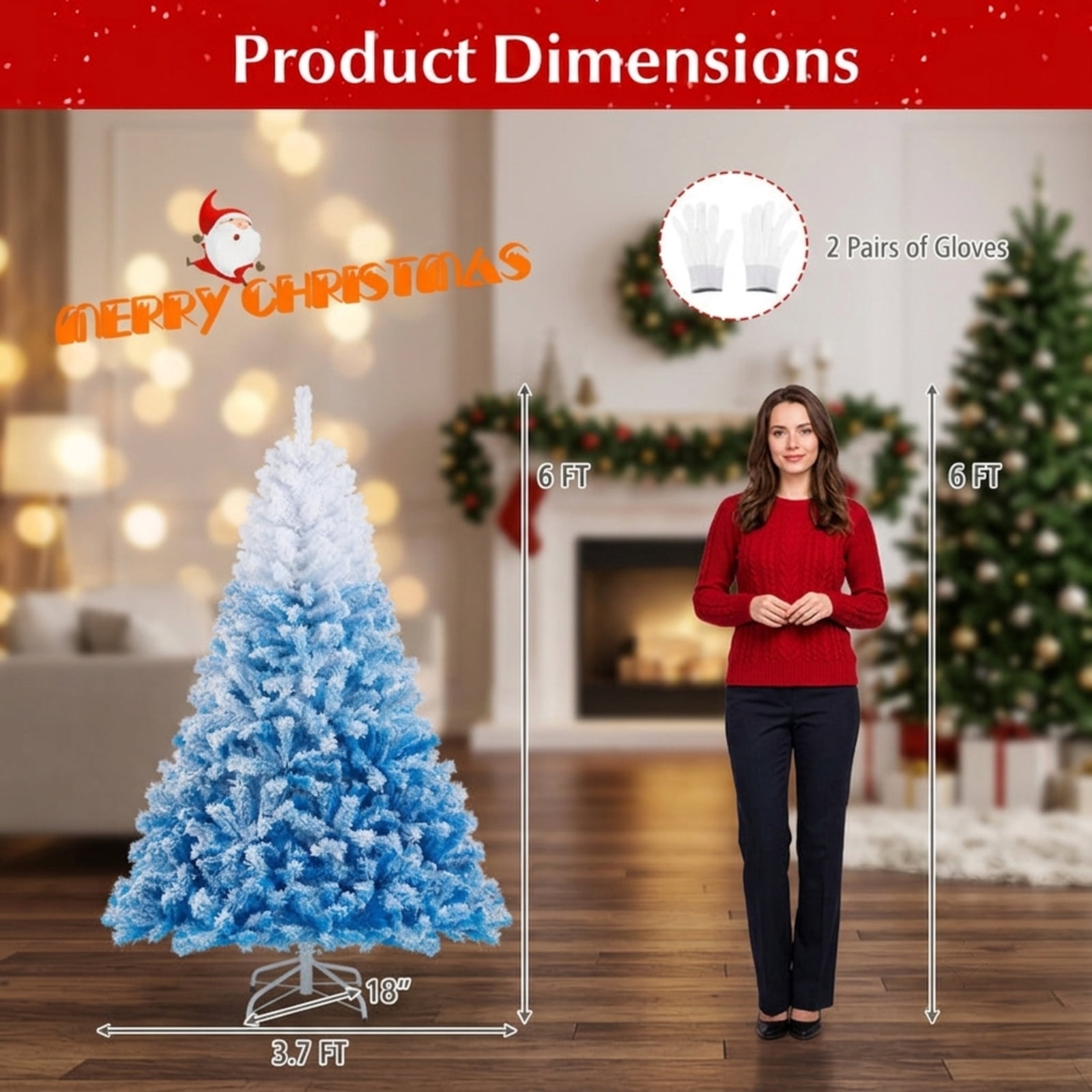 RUIE 6 ft White Blue Gradient Christmas Tree, Flocked Hinged Artificial Xmas Tree with 820 Branch Tips and Folding Metal Stand