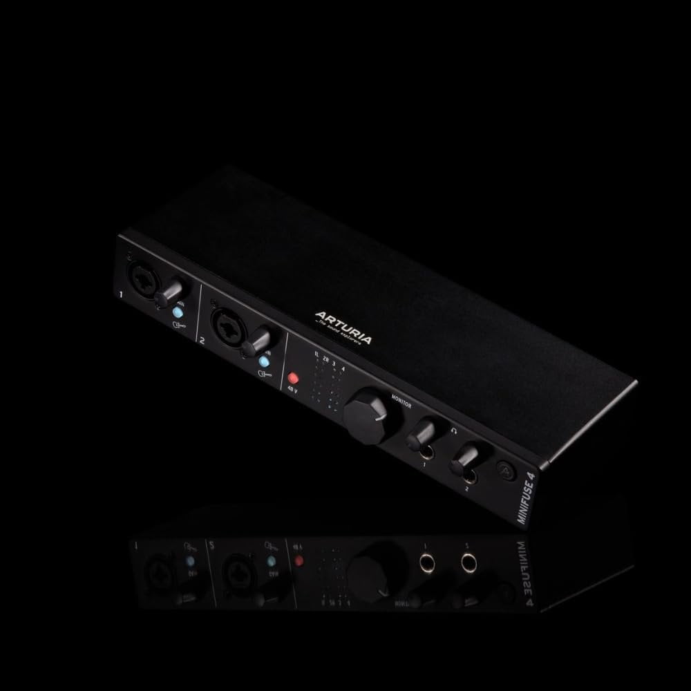 Arturia MiniFuse 4 Versatile Desktop USB Audio Interface Black Bundle with 2x Pig Hog 8mm XLR Microphone Cable 10ft and Liquid Audio Instrument Polishing Cloth - Portable Audio Interface for PC, Mac