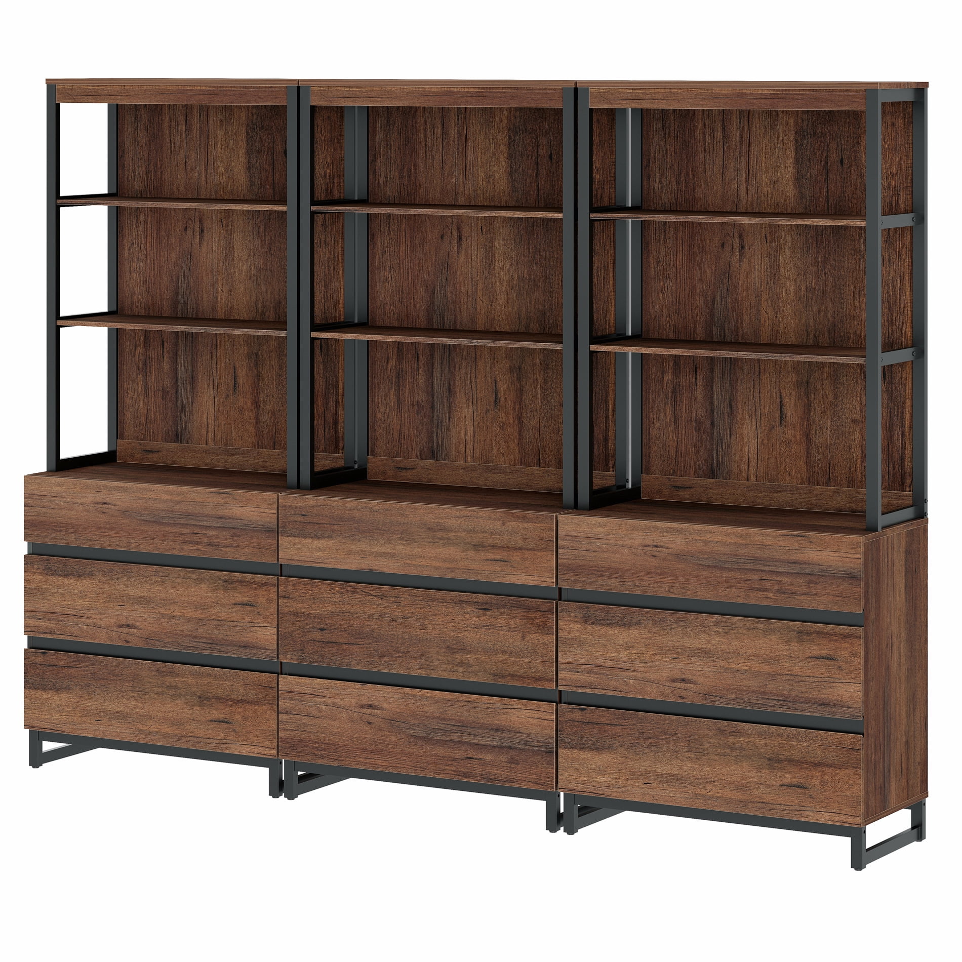 WAMPAT 3-Piece Modern 72" Tall Library Bookcases with 9 Drawers & Open Shelves, Wood Freestanding Bookshelves with Storage Cabinet & Metal Base for Home Office & Living Room, Brown