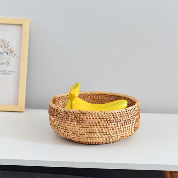 Cesta de almacenamiento de ratán tejida a mano | Cesta de drenaje de madera natural para frutas y verduras | Organizador de cocina y salón | Cesta para aperitivos y pan de 26 x 26 x 10 cm