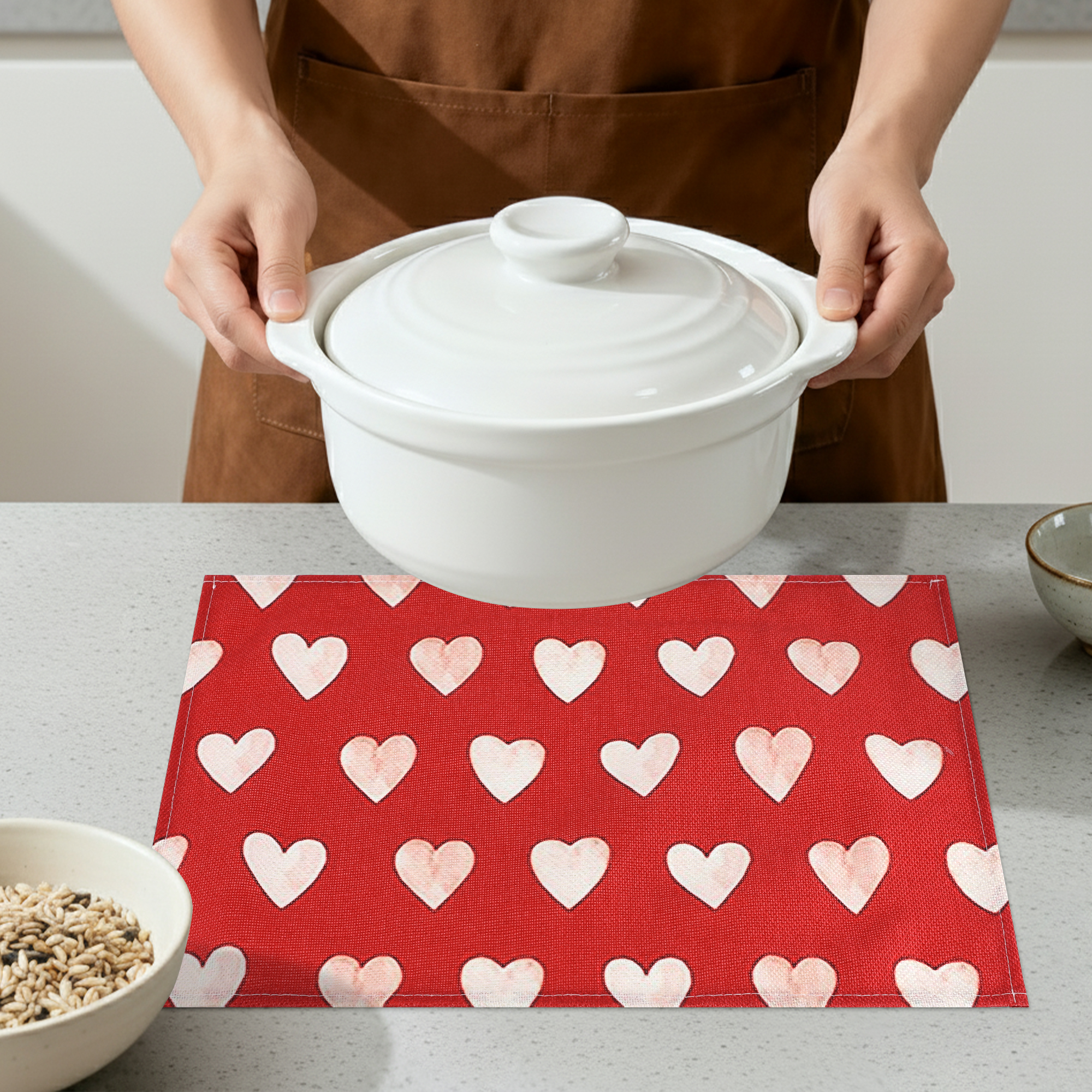 Unique Bargains Set of 6 Love Hearts Placemats for Anniversaries Red/White
