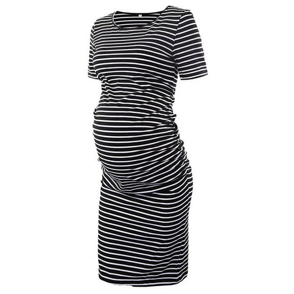 Jacenvly New Pregnant Women Dress Short Sleeve Striped Summer Dresses for Women 2025 Comfort Fit Casual Round Neck Mid-Length Pregnant Women Clothes Black S