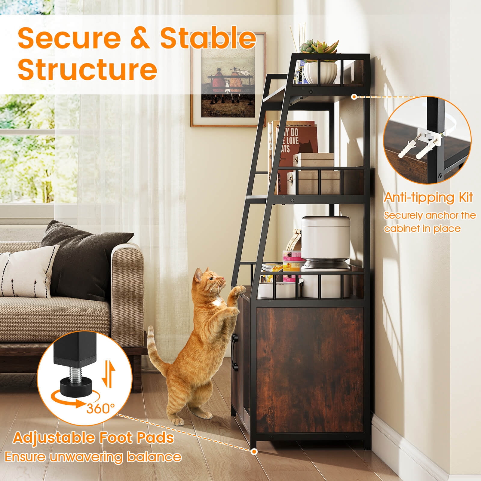 Costway Cat Litter Box Enclosure with Storage Shelves Scratching Pad Charging Station Coffee