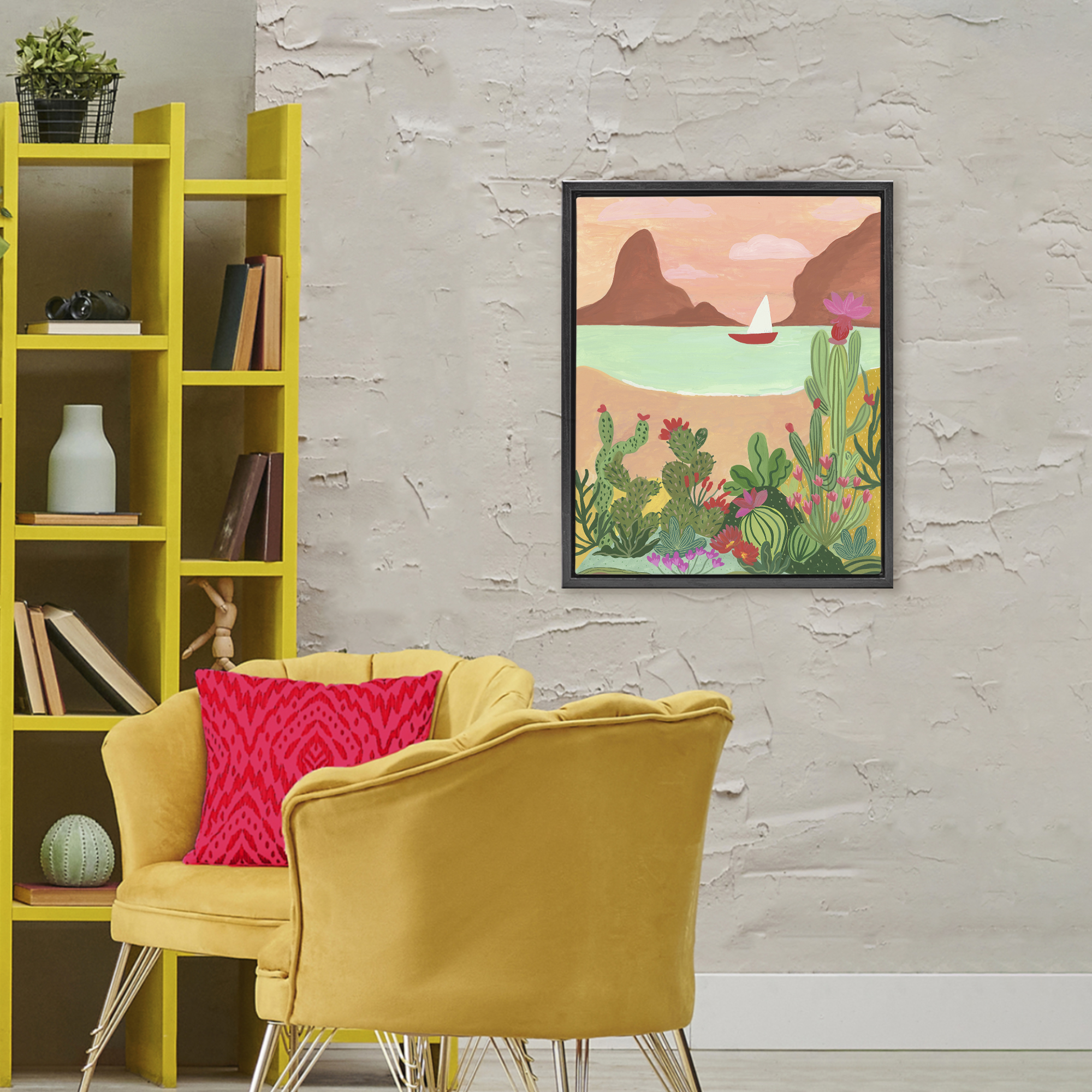 Desert Oasis Boat Black Framed Floater Canvas Wall Art, design by Nabeela Rumi