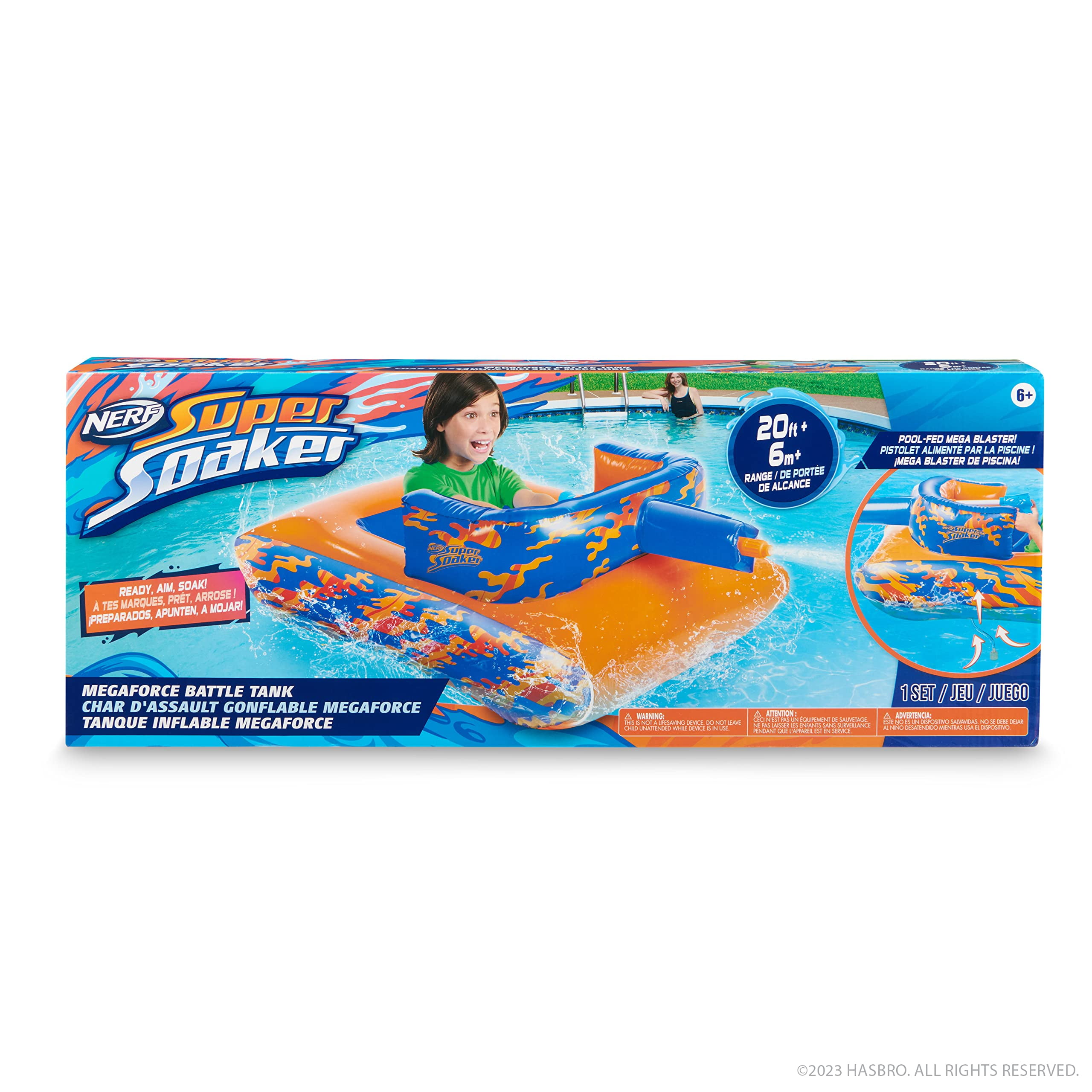 NERF Super Soaker Megaforce Battle Tank Inflatable Pool Float with Pool-Fed Mega Water Blaster