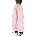 thumbnail image 1 of Pantalones cargo holgados para mujer: cordón, pantalones anchos y sueltos de color liso, poliéster, estilo urbano, informal/para el día a día/verano., 1 of 4