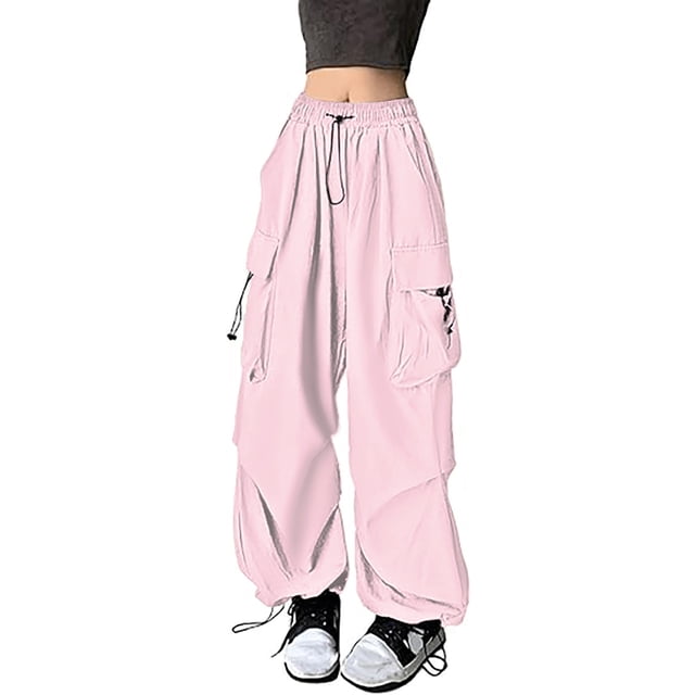 Pantalones cargo holgados para mujer: cordón, pantalones anchos y sueltos de color liso, poliéster, estilo urbano, informal/para el día a día/verano.