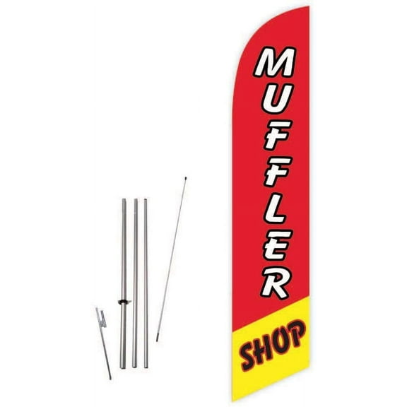 Cobb Promo Muffler Shop Red Feather Flag with Complete 15ft Pole kit and Ground Spike