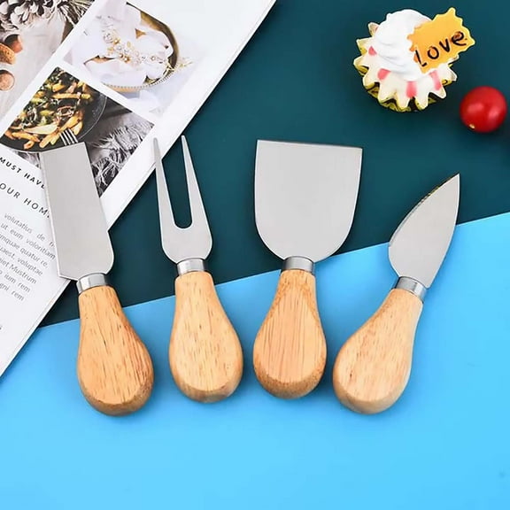 Stainless Steel Cheese Knife Set | 4-Piece Cheese Cutter and Spreader Set with Wooden Handles | Durable Forged Pizza & Cream Cheese Slicer | Easy Grip | 13x3cm | Serve, Cut & Spread Cheese