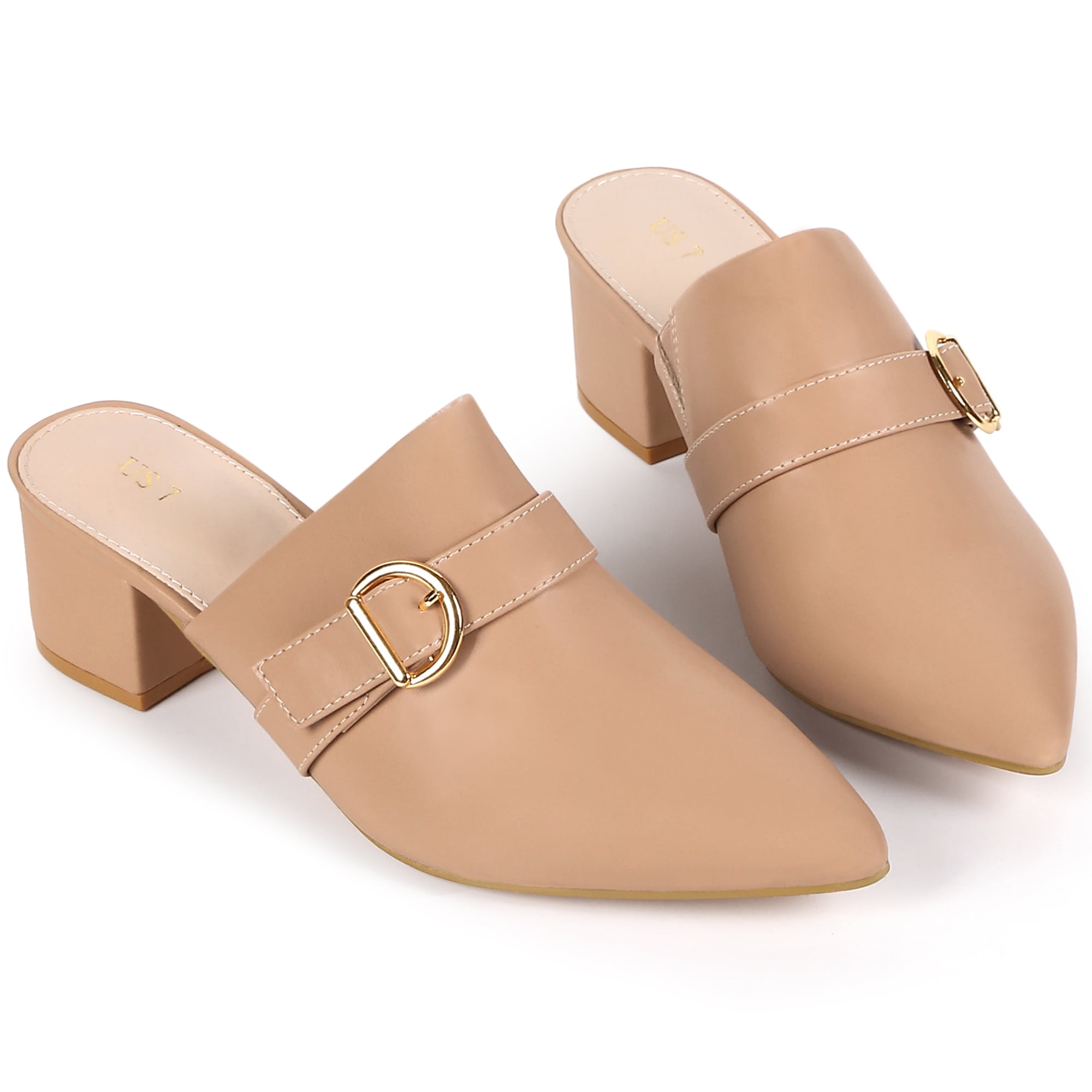 DARING DIVA Women's Elegant Pointed Toe Slip on Chunky Heel Mules Nude US 8