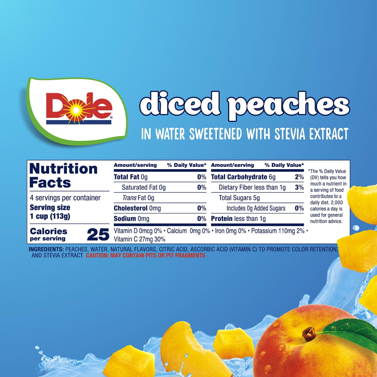(2 pack) (4 Pack) Dole No Sugar Added Diced Peaches Fruit Cups, 4 oz