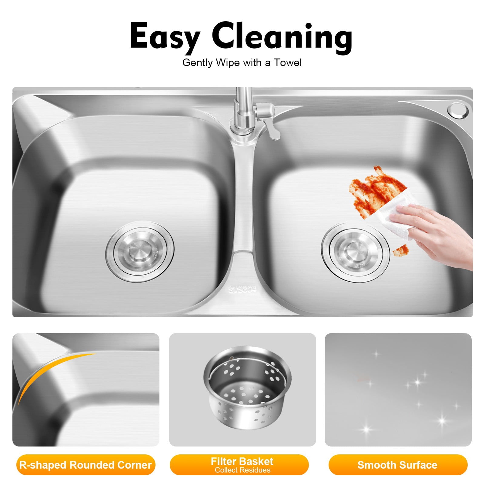 DUYIWAA Stainless Steel Sink Double-basin Commercial Kitchen Utility Sink with Faucet, Drainboard & Prep Table