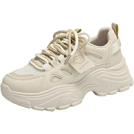 Womens Leather Lace Up Chunky Sneakers Fashion Platform Non-Slip Cute Shoes Casual Dad Walking Driving Travel Shoes
