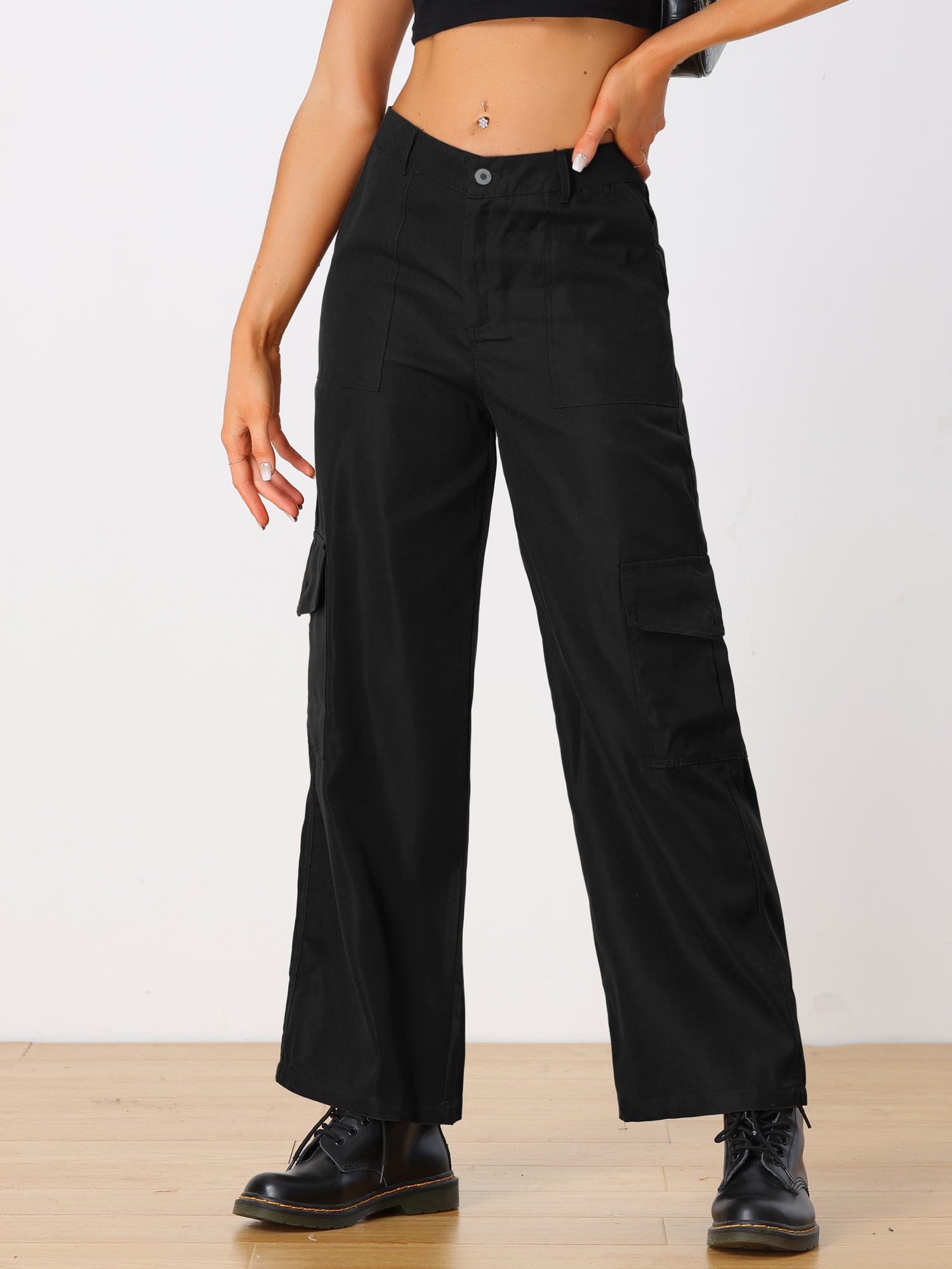 DARING DIVA Women's Cargo High Waisted Baggy Wide Leg Pockets Pants XS Black
