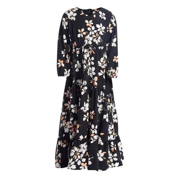 Coerni Robes à Taille Basse pour Filles Manches Longues Fermeture Éclair Robe Imprimée Florale Mignonne Jupe Ligne A Décontractée Été Superposée
