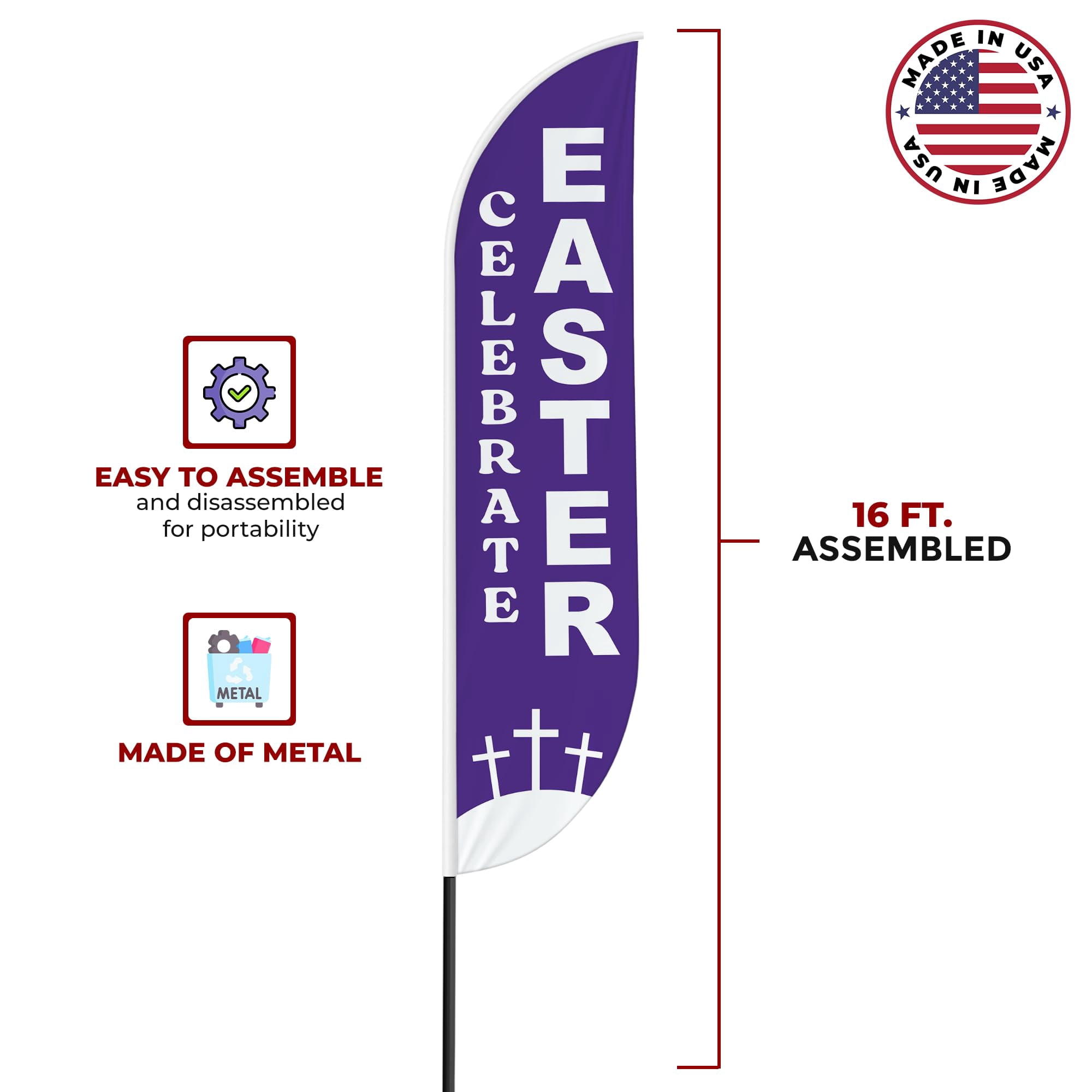 Celebrate Easter Sign feather flag for Outdoor by Mavis Printing | 11.5 FEET Long Polyester Outdoor Banner Flag for Easy Hang | HD Print Swooper I Flag Only to Promote Church ActivityI Flag Only