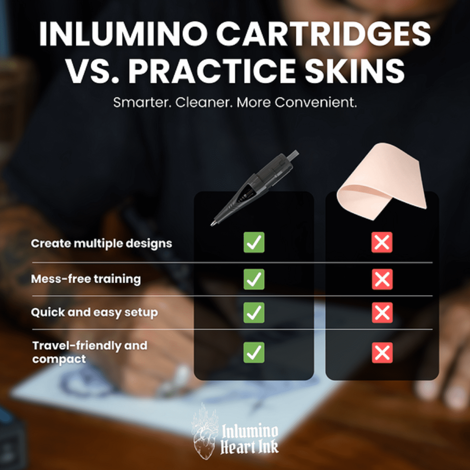Inlumino Heart Ink Ballpoint Pen Cartridges – Saturated Black Ink (6 Pack) – Practice Cartridges for Rotary Pen – Water-Based Ink with Bold Color