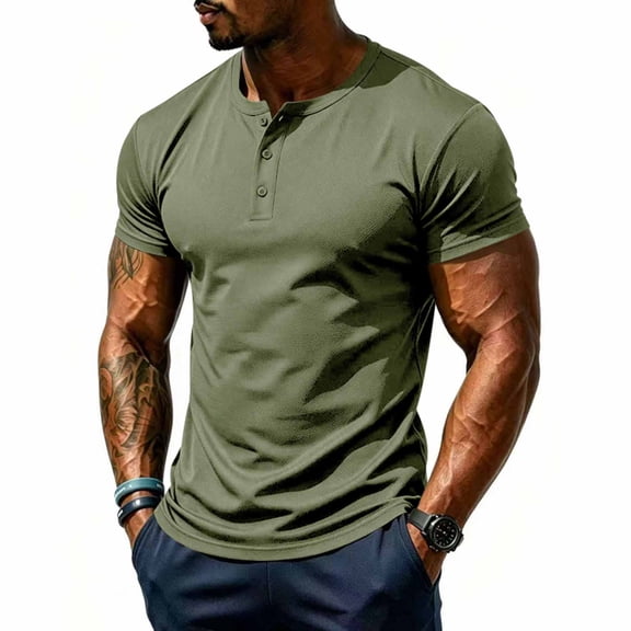 Ceisia Solid Henley Half Button Crew Neck Quick Dry Breathable Athletic Short Sleeve Tees For Daily Sports Army Green L Gift