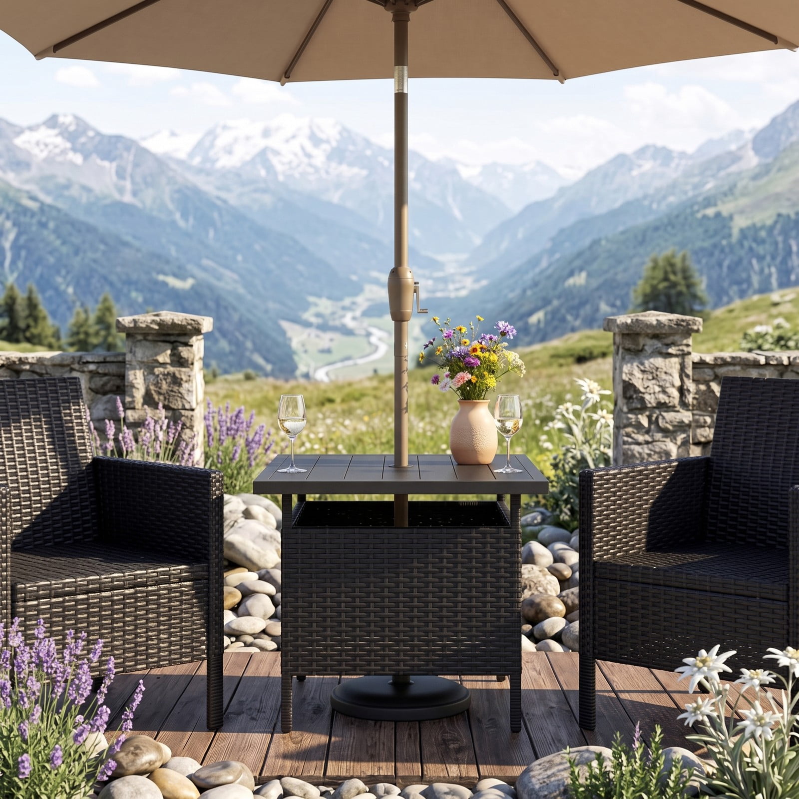 Furnibear Patio Square Wicker Side Table with Umbrella Hole, PE Rattan Outdoor End Table, Faux Wood Top Metal Frame Coffee Table for Garden Yard Backyard, Black