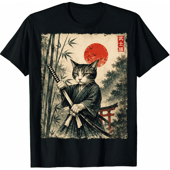 Samurai Cat Japanese Art Funny Graphic Tee Anime T-Shirt-100% Cotton