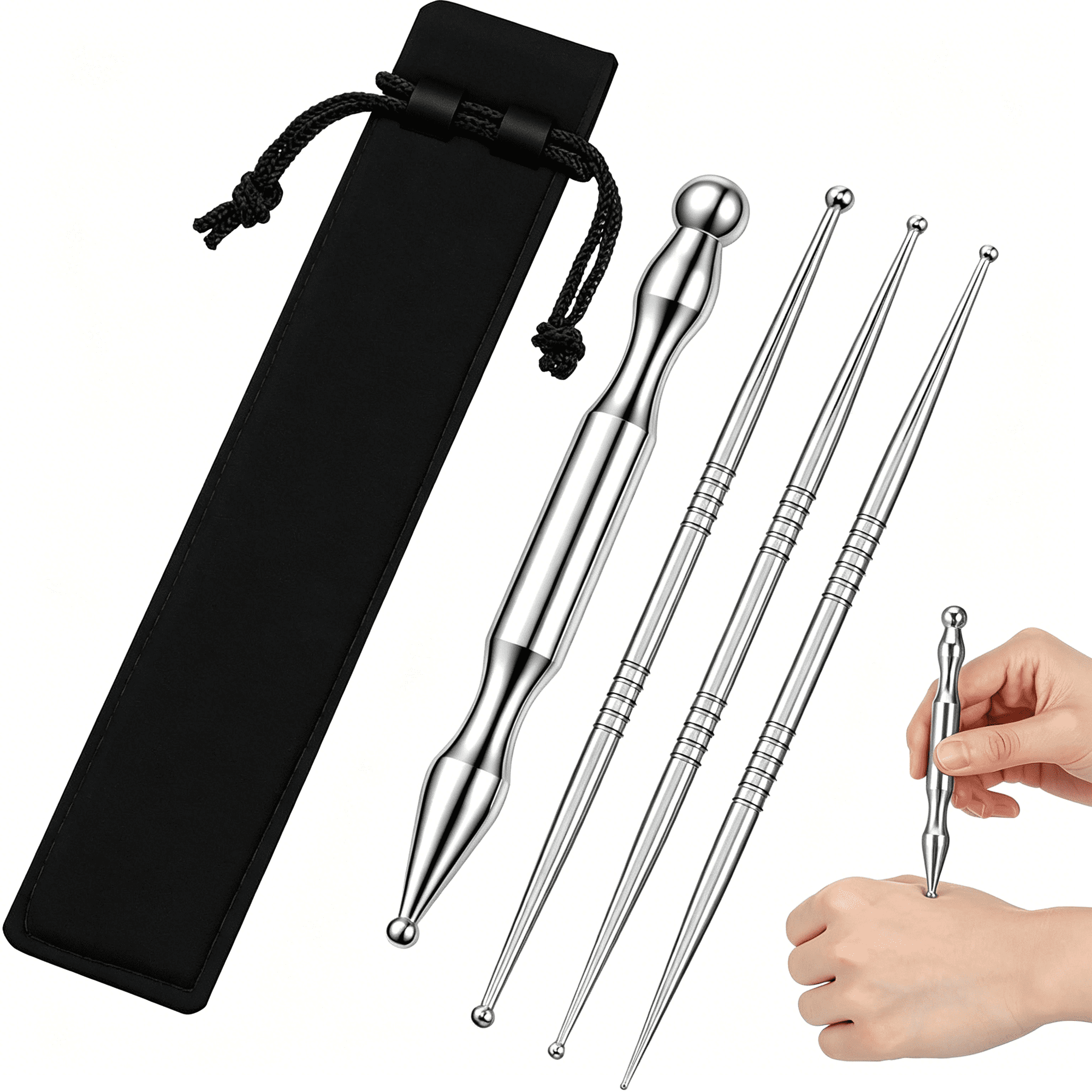 OITY 4 Pcs Acupuncture Pen Stainless Steel Acupressure Pen Reflexology Massage Tool for Body,Face 8 Sized Headed Acupuncture Needles Manual Deep Tissue Tool Body Point Probe Pens