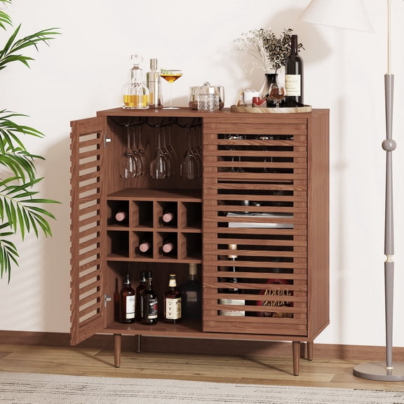 ZOSQUARE Modern Coffee Bar Cabinet with Slatted Doors, Mid-Century Liquor Cabinet with Wine Rack and Glass Holder, Walnut Wine Bar Station for Living Room