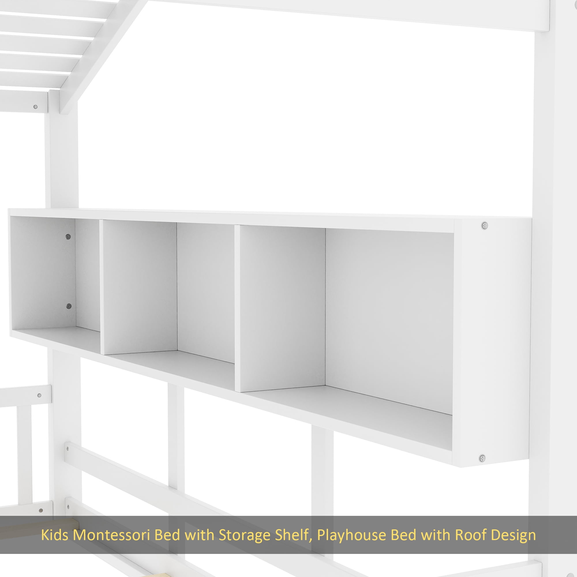 Twin Size Floor House Bed for Toddler, Kids Montessori Bed with Storage Shelf, Playhouse Bed with Roof Design, White