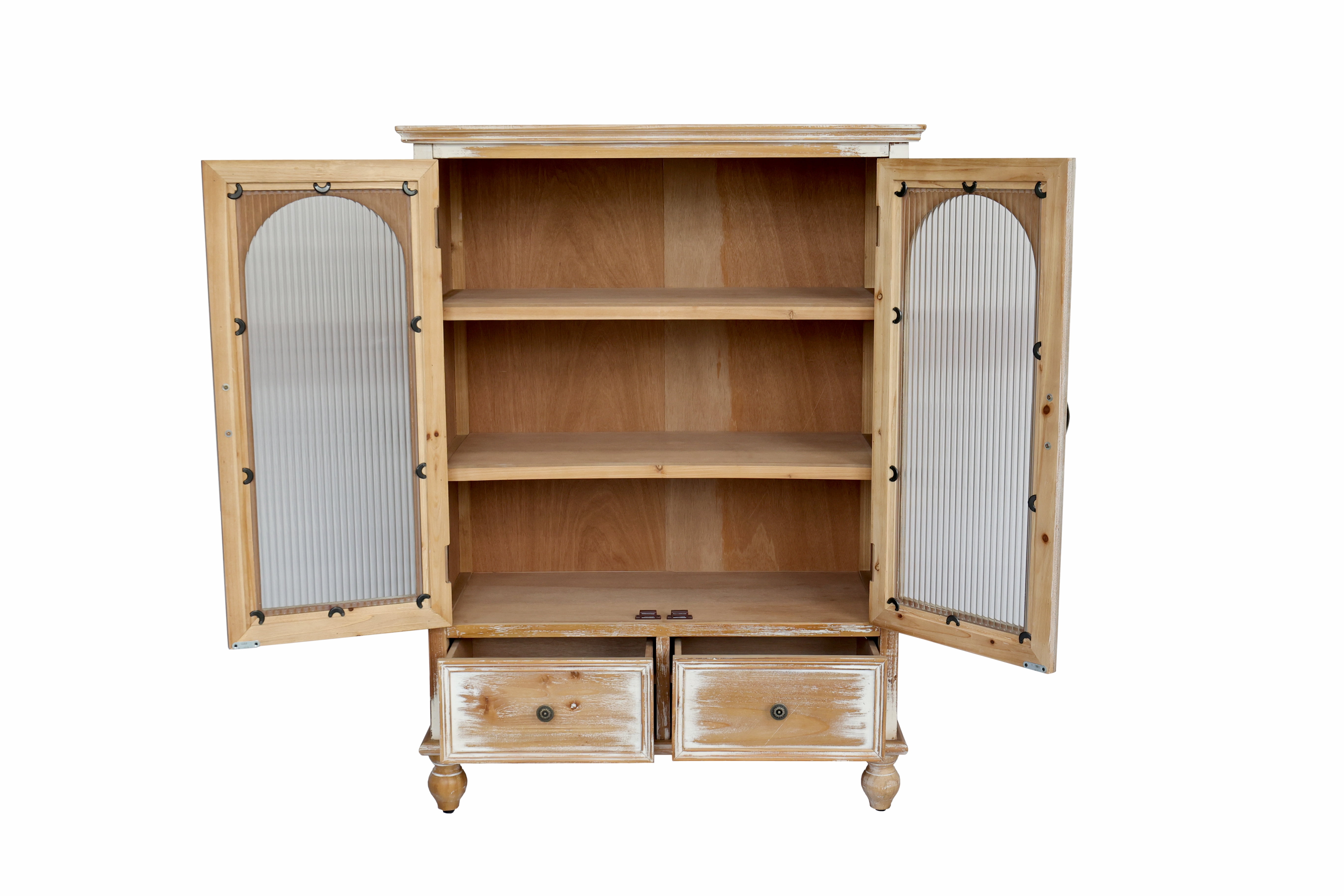 AENKYO 48" Farmhouse Storage Cabinet, Wood Kitchen Pantry with Arched Fluted Glass Doors & 2 Drawers, Natural