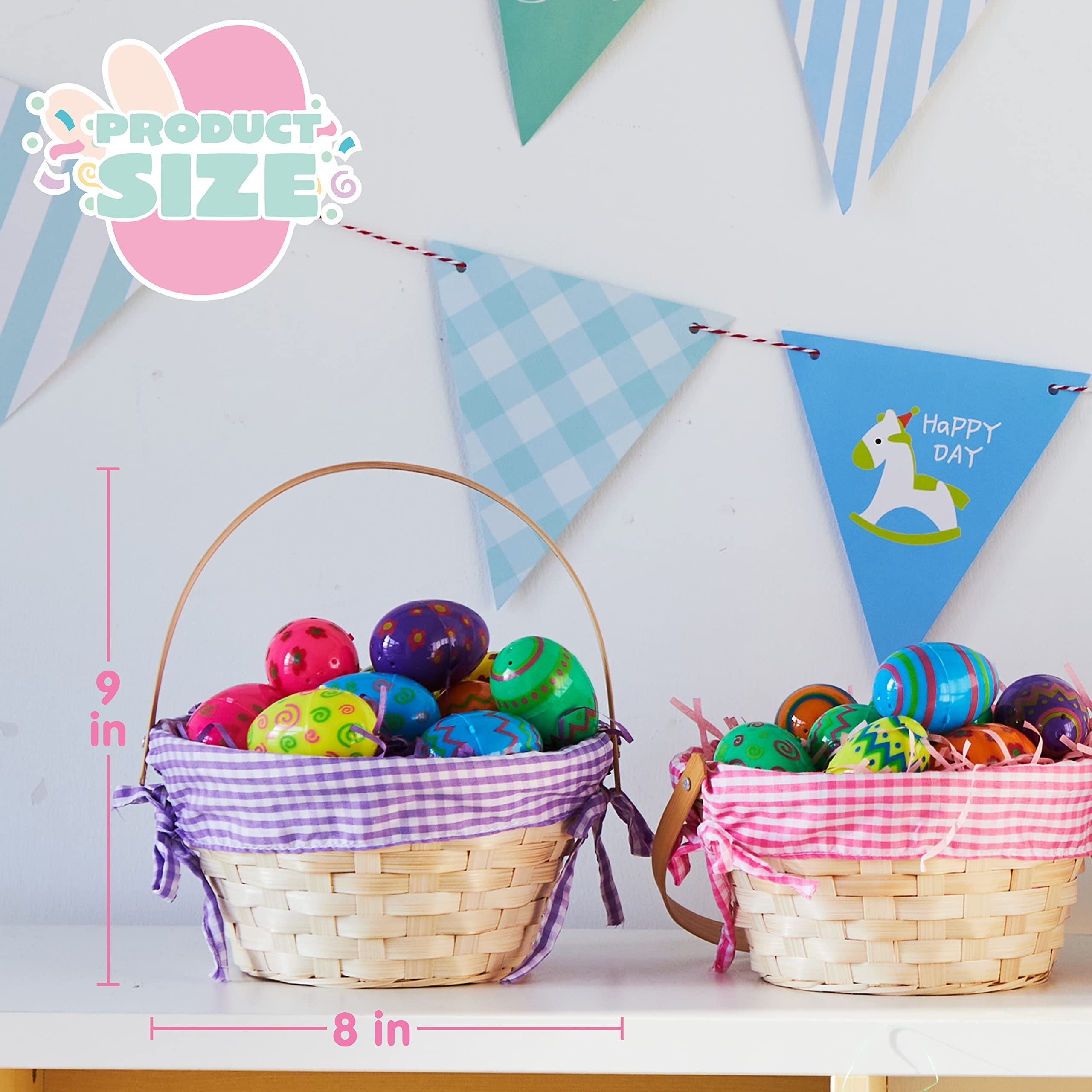 Joyfy 4 Pcs Easter Baskets with 4 Colors Grass Paper Shreds, Easter Woven Basket with Handles for Kids, (9" X 8") Easter Baskets for Easter Egg Hunt, Filling with Party Favors