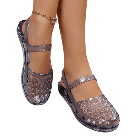 Women's Glitter Jelly Slingback Sandals Hollow Mesh Closed Toe Plastic Mary Jane Flat Summer Waterproof Shower,Garden Slip On Jelly Shoes,Navy,36