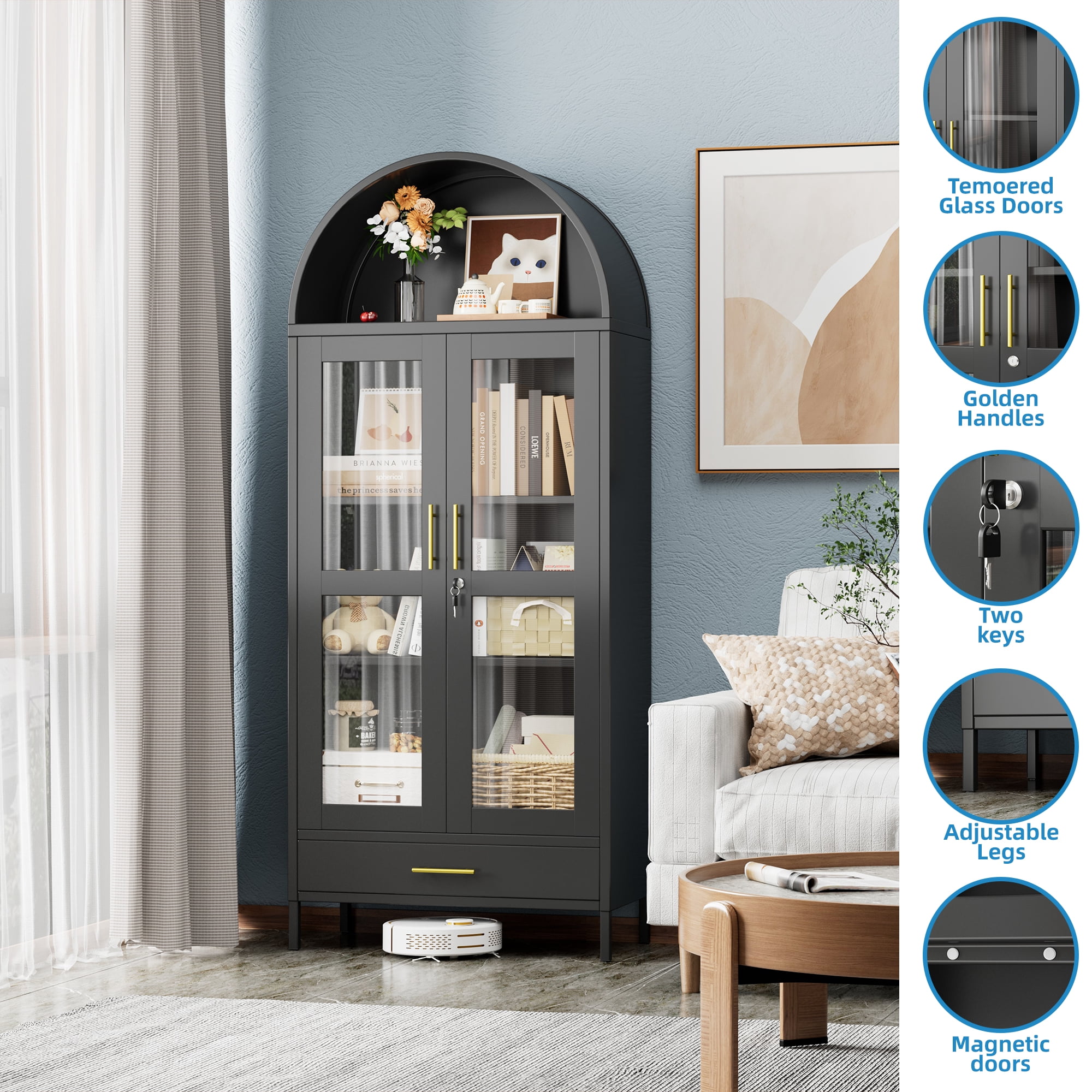 Supeer 73-Inch Tall Arched Kitchen Pantry Lockable Storage Cabinet with Glass Door, 1 Drawer, 2 Shelves, Black, Assembly Required