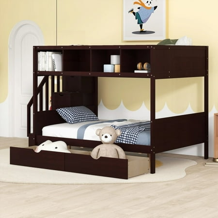 Twin over Full Bunk Bed featuring Storage & Safety, Espresso - 4 Compartments & Sturdy Stairs