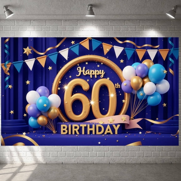 Pastel Balloons Happy 60th Birthday Banner Golden Number Design 60th Birthday Display Dark Blue Background Glitter Star Decor Birthday Backdrop for 60th Birthday Party Adult Birthday Celebration