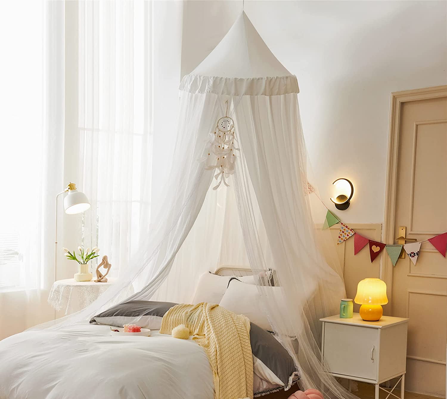 Bed Canopy for with Lights,Double Layer Princess Round Dome Dreamy Mosquito Net Bedding Girls Room Castle Play Tent Hanging House Decor Reading Nook Canopies(Beige Pink/White)