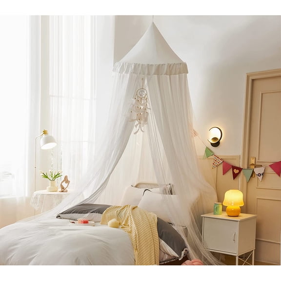 Bed Canopy for with Lights,Double Layer Princess Round Dome Dreamy Mosquito Net Bedding Girls Room Castle Play Tent Hanging House Decor Reading Nook Canopies(White/White)