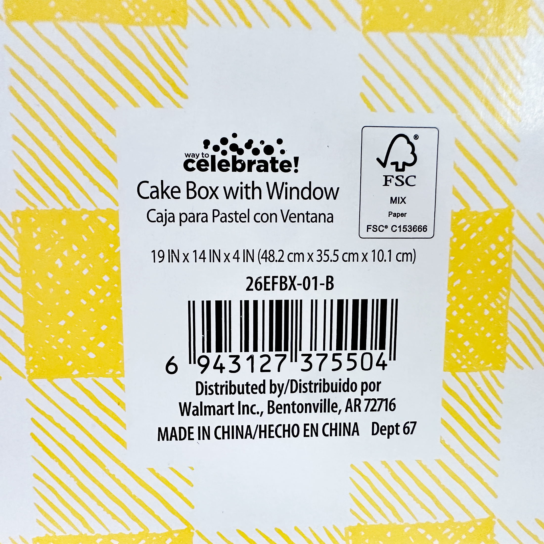 Way To Celebrate 19" x 14" x 4" Yellow Plaid Cake Box with Window (1 Piece)