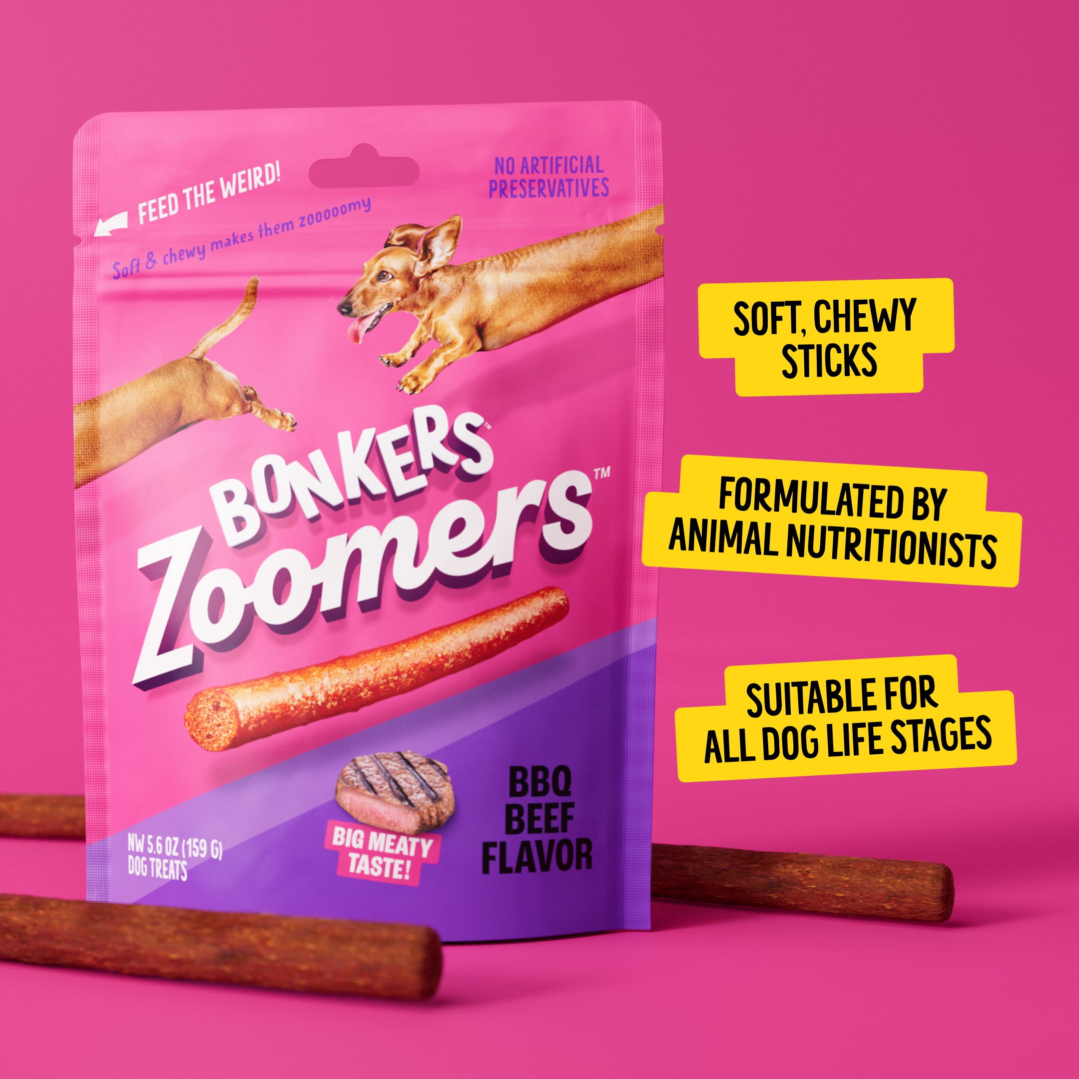(8 pack) BONKERS Zoomers BBQ Beef Flavor Soft & Chewy Treats for Dogs, 5.6oz Bag