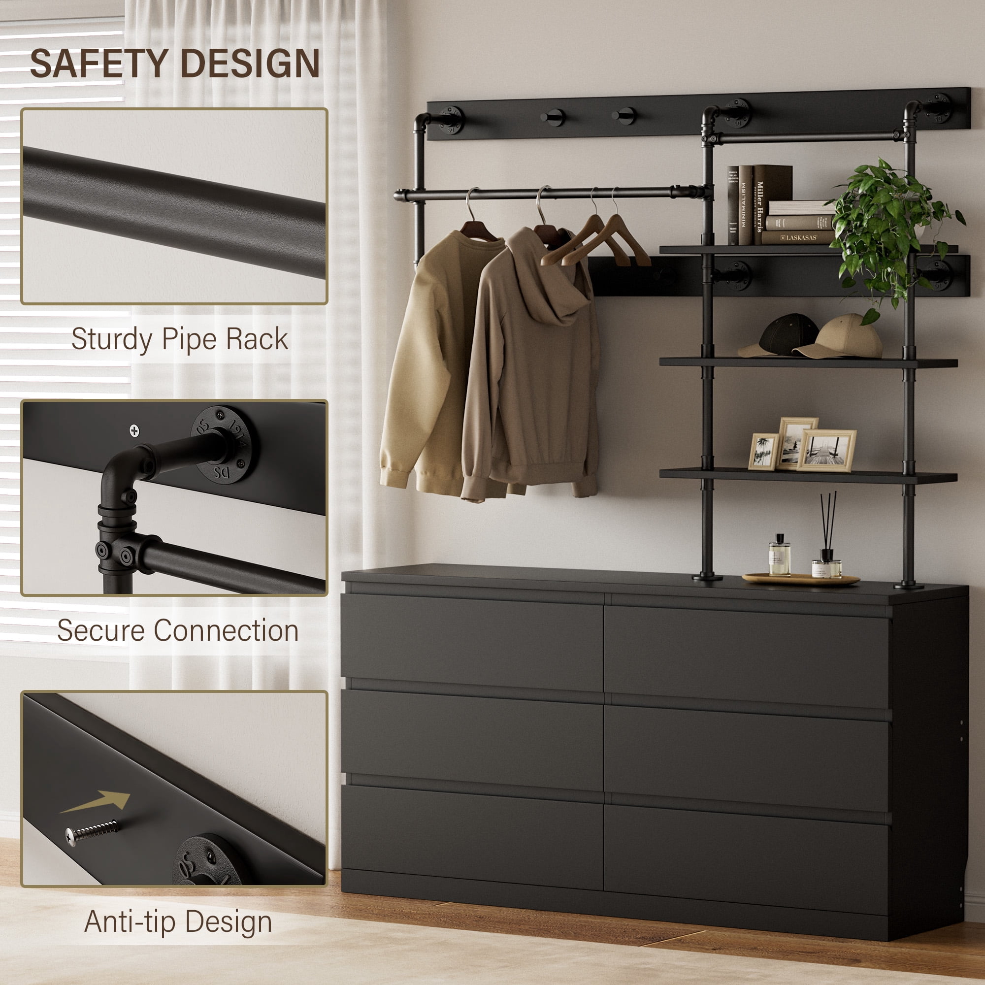 Aufeile Dresser for Bedroom, 77" Tall Dresser with 6 Drawer Chest of Drawers &Hanging Rack, Industrial Wood Dressers for Bedroom Adults, Large Closet Organizer Dresser, Black