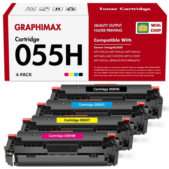 055H 055 Toner Cartridge High Yield with Chip Compatible for Canon 055H Canon Color imageCLASS MF743Cdw MF741Cdw MF745Cdw MF746Cdw LBP664Cdw LBP663CDW (Black Cyan Magenta Yellow, 4-Pack)