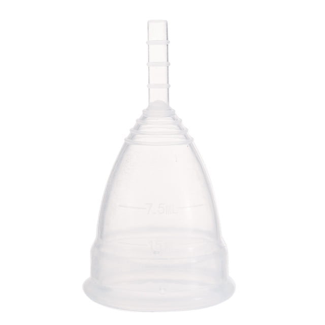 Copa menstrual reutilizable en tamaño grande, color transparente, hecha de silicona de grado médico, suave y cómoda para uso diario, ideal para actividades como nadar o dormir, fácil de limpiar y