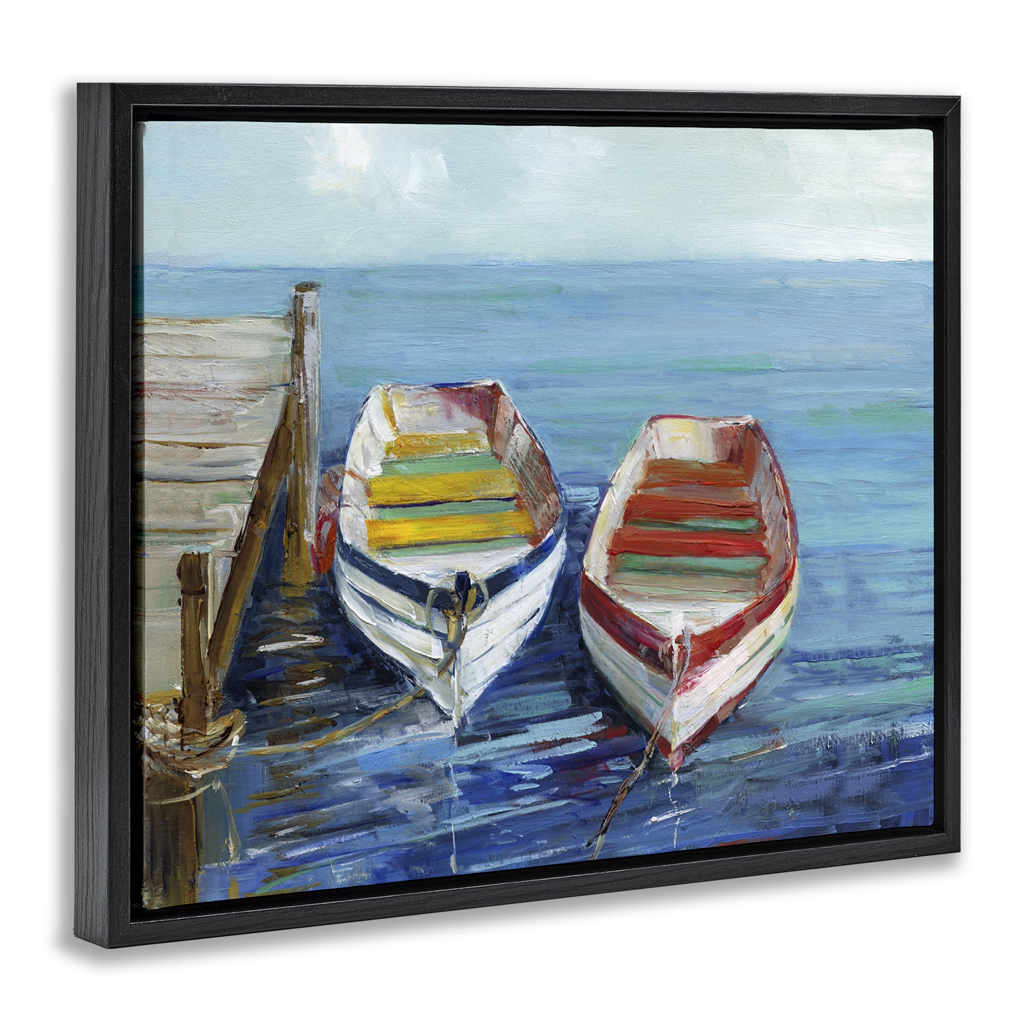 Stupell Industries Twin Boats by Dock Nautical & Beach Painting Black Floater Framed Canvas Art Print Wall Art, 31 x 25