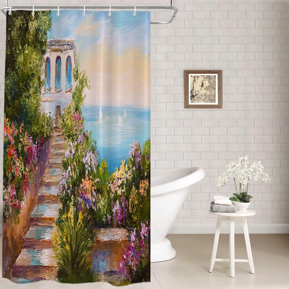 Blue Green Vintage Oil Painting Decor Shower Curtain,Abstract Bathroom Decor Polyester Fiber Plastic Rings Quick-Drying Waterproof for Bathtubs/Bathroom, 72x36 inches