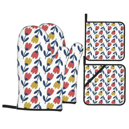 

Oven Mitts and Pot Holders Sets 4 pcs - cartoon flowers_A Heat Resistant Silicone Oven Gloves with Non-Slip Silicone Surface and hot pads for kitchen Baking Cooking BBQ