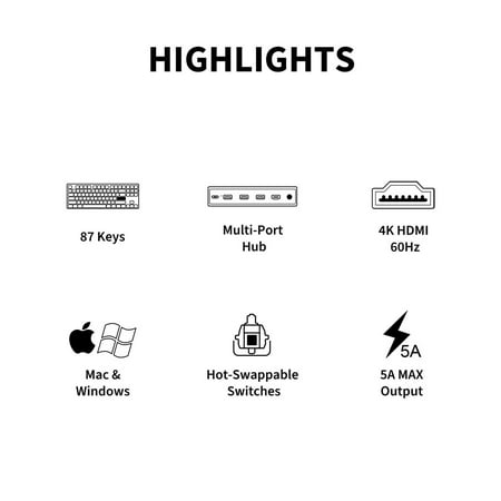 3inus - KEBOHUB EE01 Wired Mechanical Keyboard with 5-in-1 Hub, 87 Keys RGB Backlit, Hot-Swappable Switches for Mac & Windows - Brown Tactile