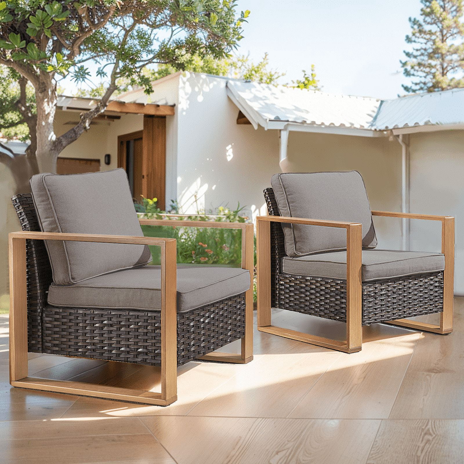 PARKWELL 2 Pack Brown Rattan Indoor-Outdoor Armchair w/Armrests,Padded Cushions Chairs for Patio, Deck, Garden, Yard - Gray