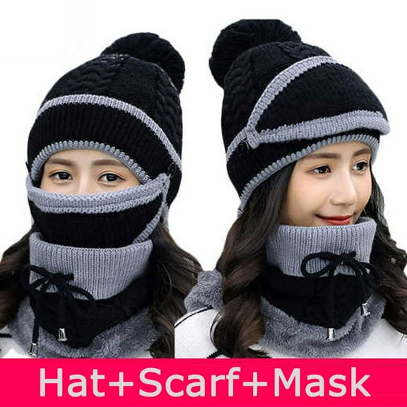 Dyfzdhu Skiing Mask Hat Scarf Sets Women Winter Knitted Windproof Cycling Skiing Warm Cap Black