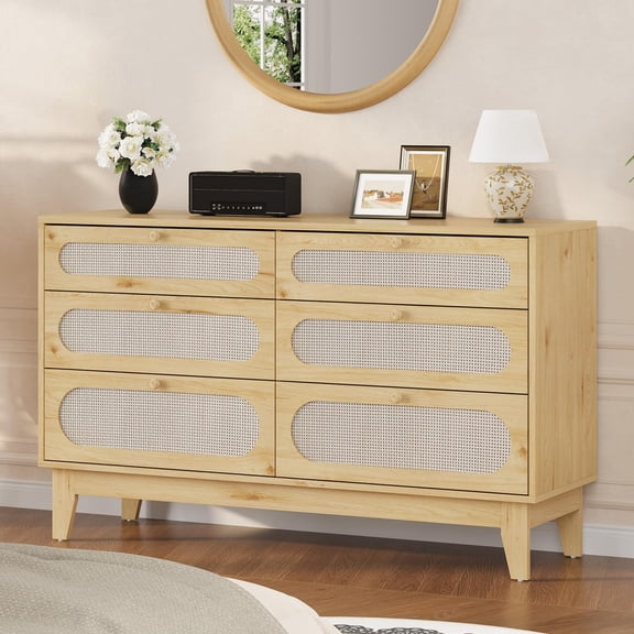 52" Wide 6 Different Drawer Double Dresser for Bedroom, Boho Rattan Dresser Ganlly with Charging Station