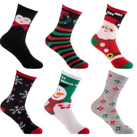 Set Of 6 Pairs Women’s Christmas Crew Socks Dress Ladies Santa Striped Snowflake Penguin Bulk Novelty Gift