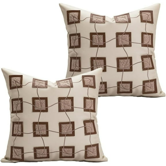 Caramel-Square-Embroidered Pillow Covers 2-Pack – 18×18 Inch Faux Leather Cushion Cases with Textured Square Stitch Design & Hidden Zippers – Modern Decorative Throw Pillow Covers for Couch Sofa Bed