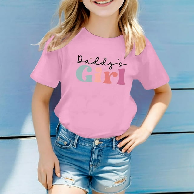 Girls Tops - Casual Letter Pattern Print Multicolor Round Neck Short Sleeves for Kids